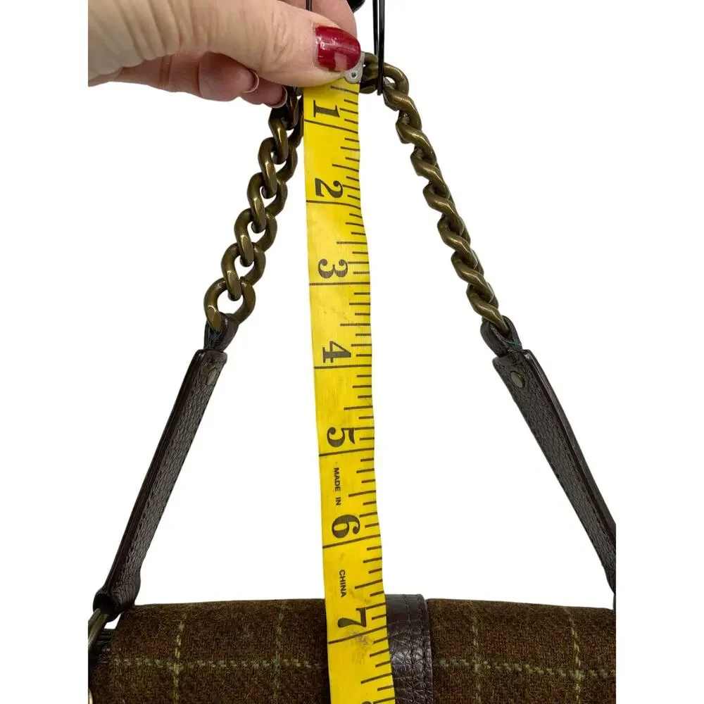 J. Crew 100% Wool Brown Window Pane Check Chain and Leather Trim Shoulder Bag